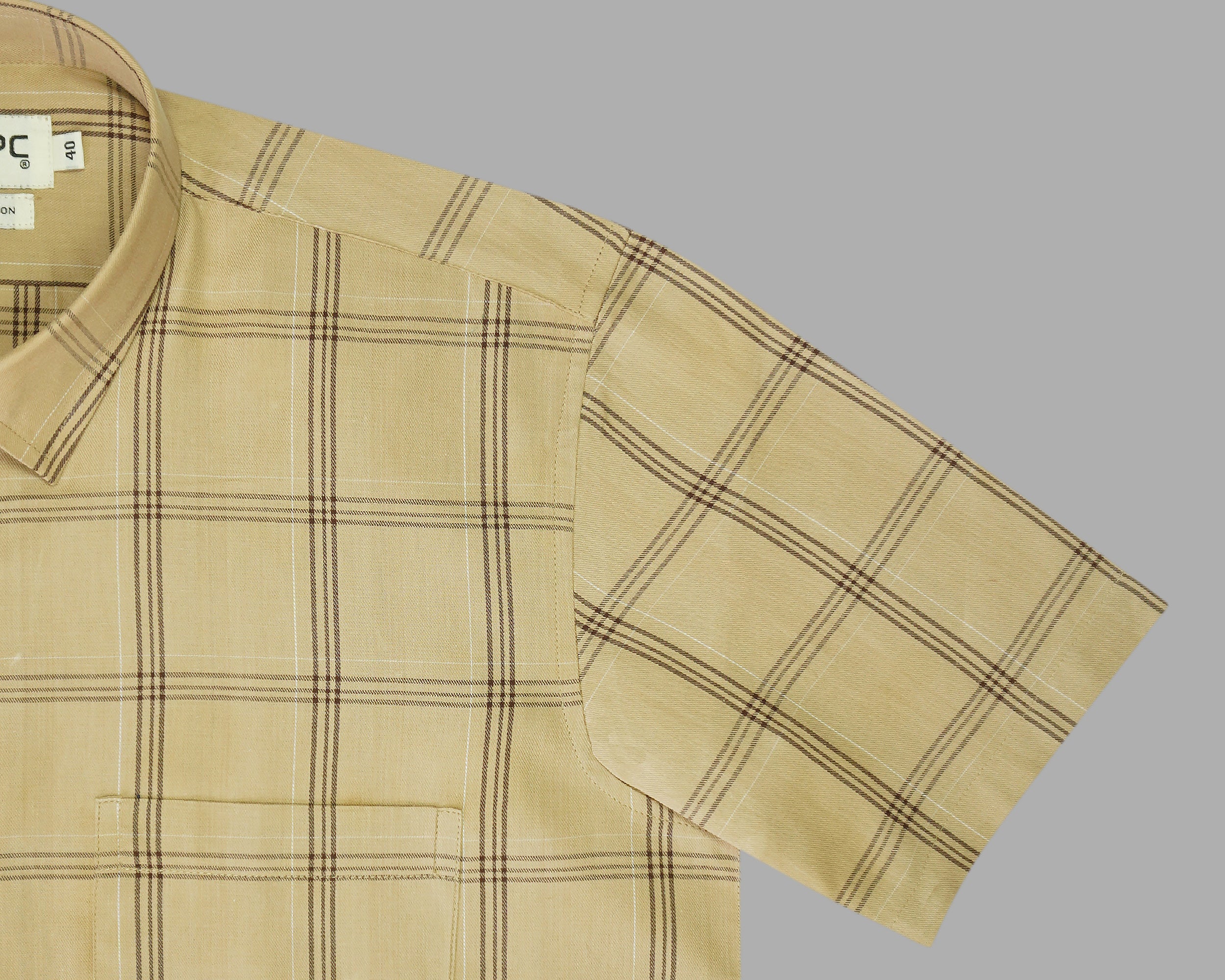 Men's 100% Cotton Checkered Half Sleeves Shirt (Beige)