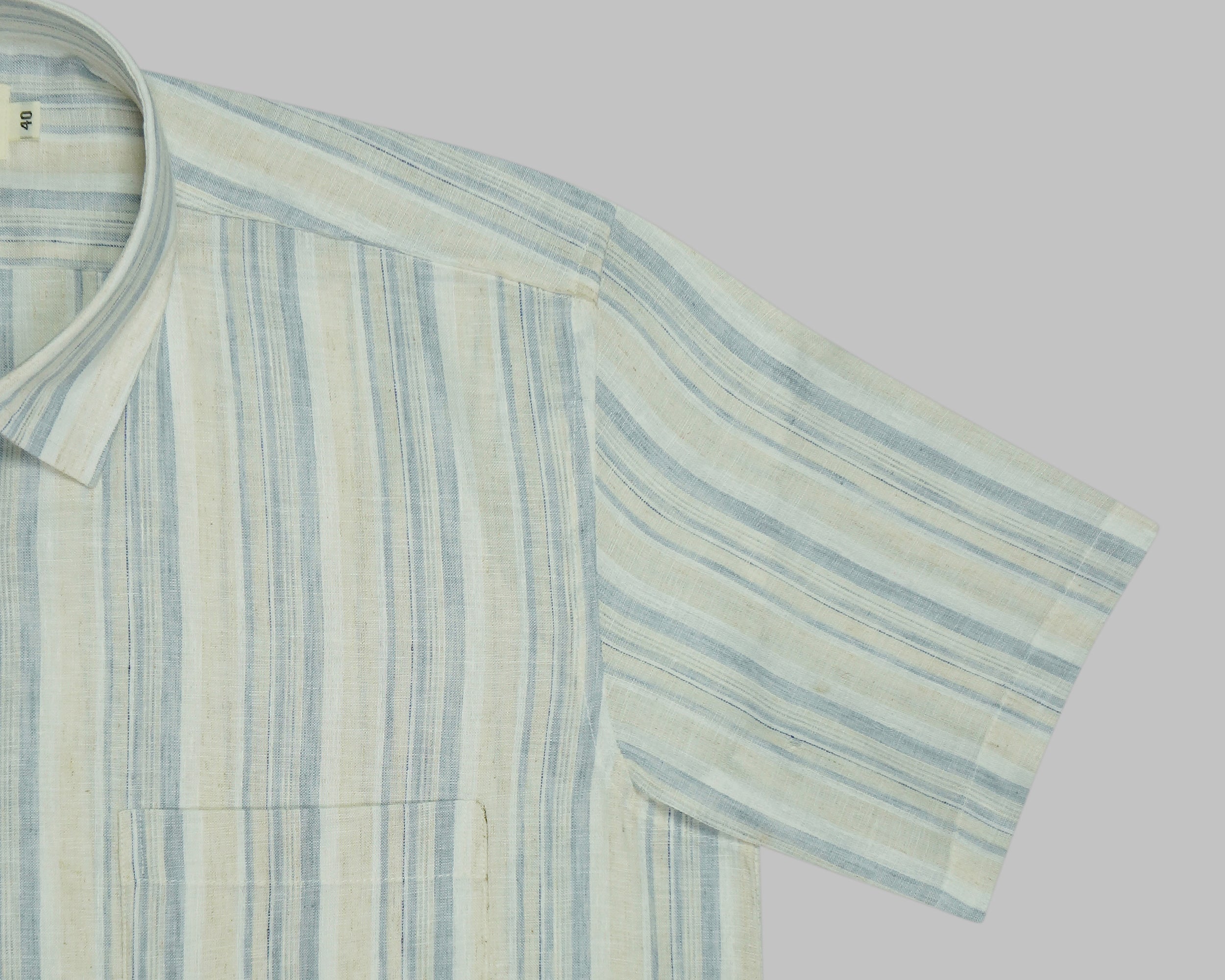 Men's Cotton Linen Striped Half Sleeves Shirt (Blue)