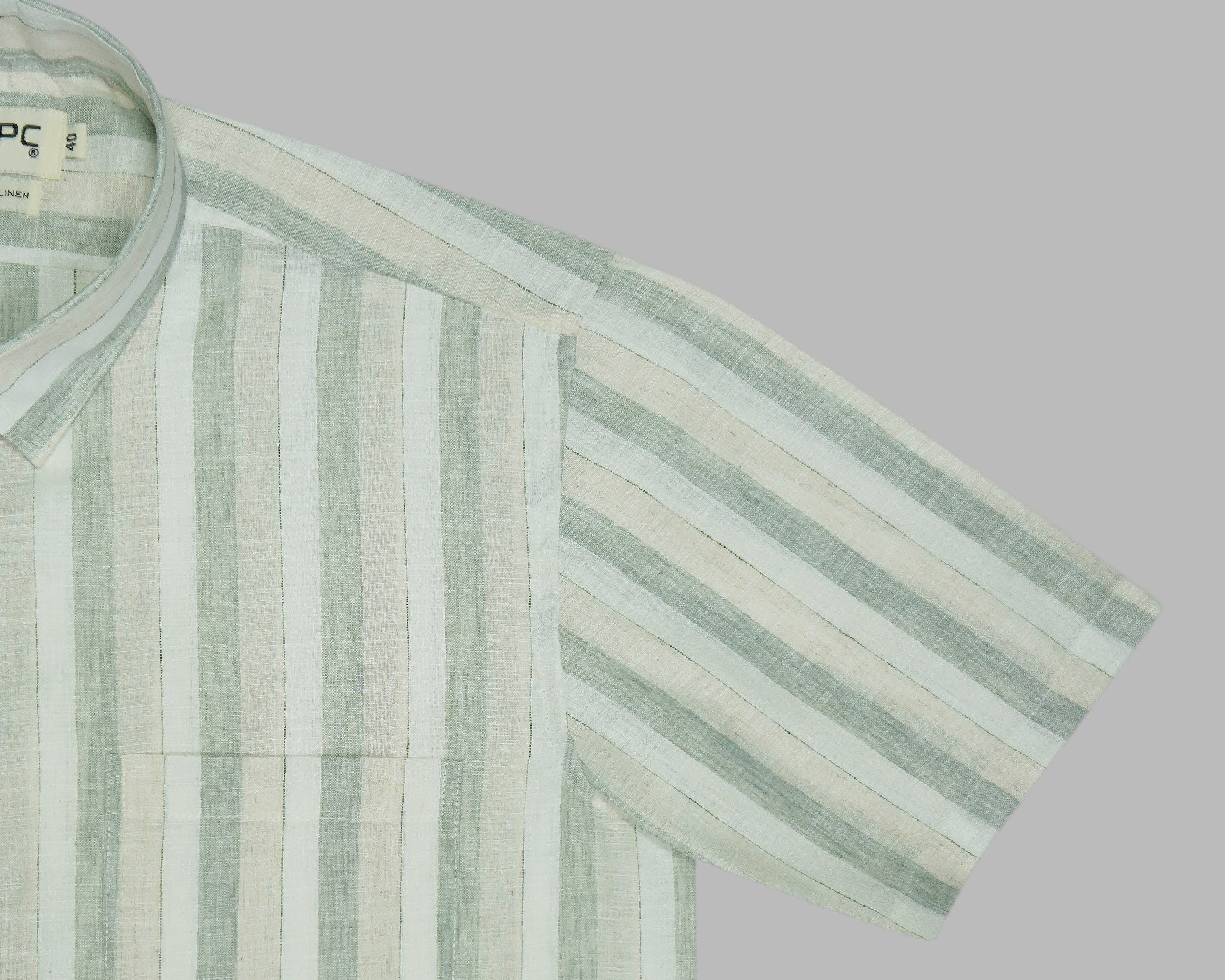 Men's Cotton Linen Striped Half Sleeves Shirt (Green)