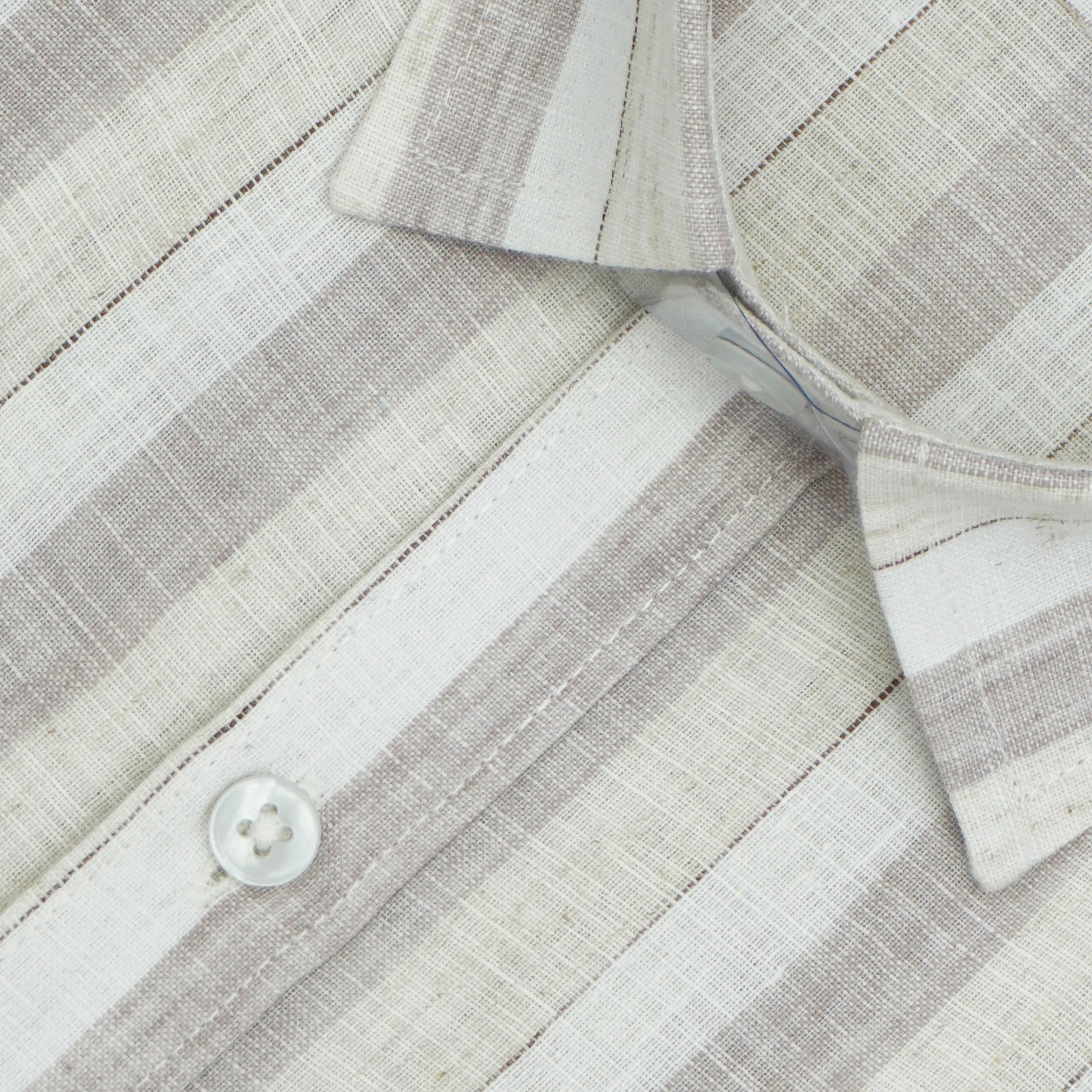 Men's Cotton Linen Striped Half Sleeves Shirt (Brown)