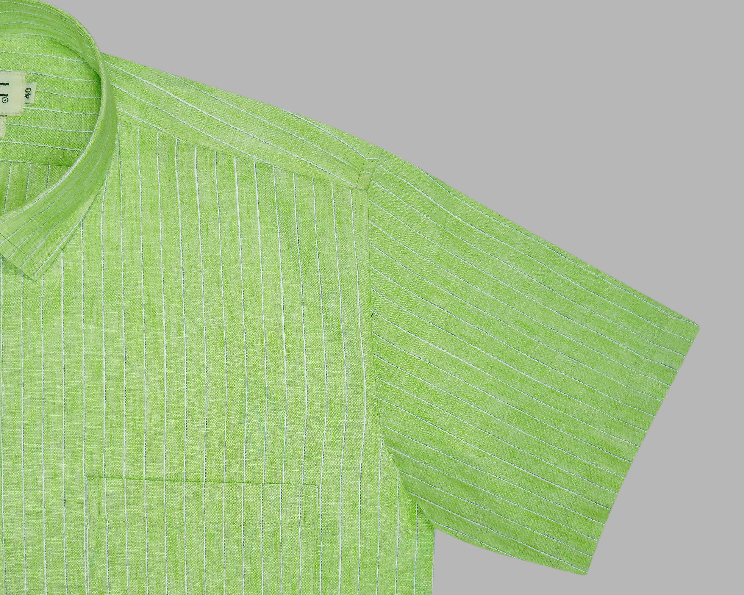 Men's Cotton Linen Striped Half Sleeves Shirt (Green)