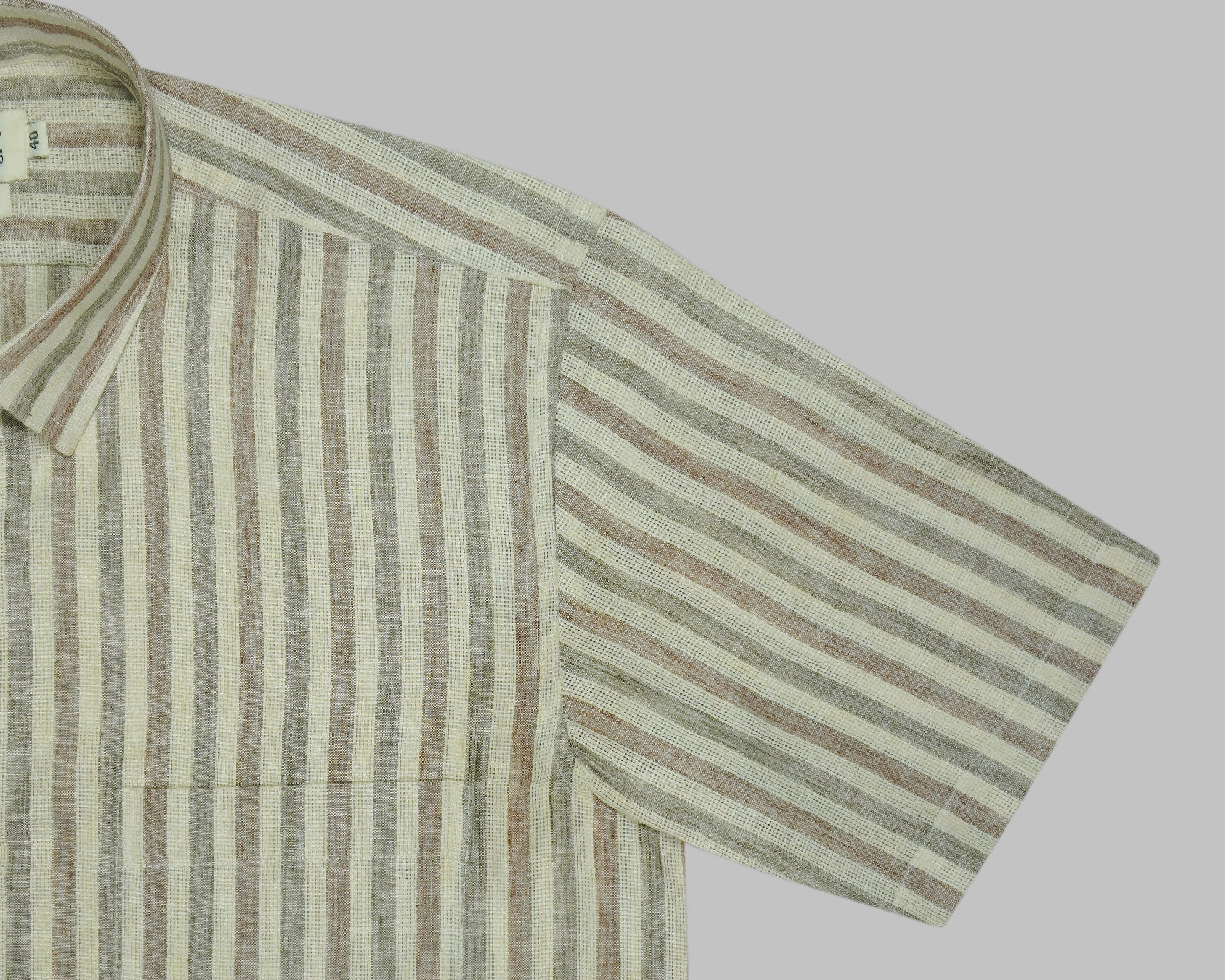 Men's Cotton Linen Striped Half Sleeves Shirt (Brown)