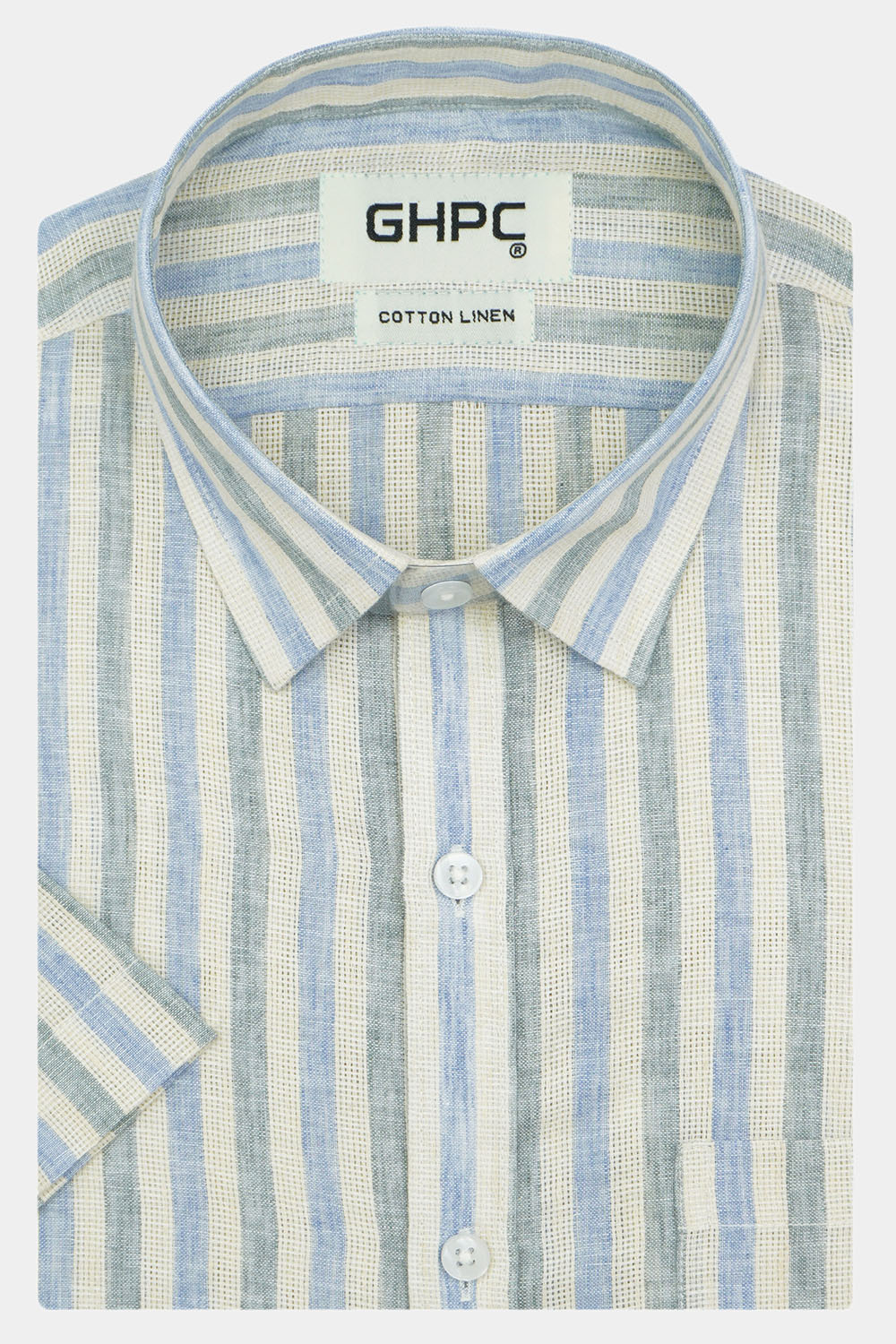 Men's Cotton Linen Striped Half Sleeves Shirt (Blue)