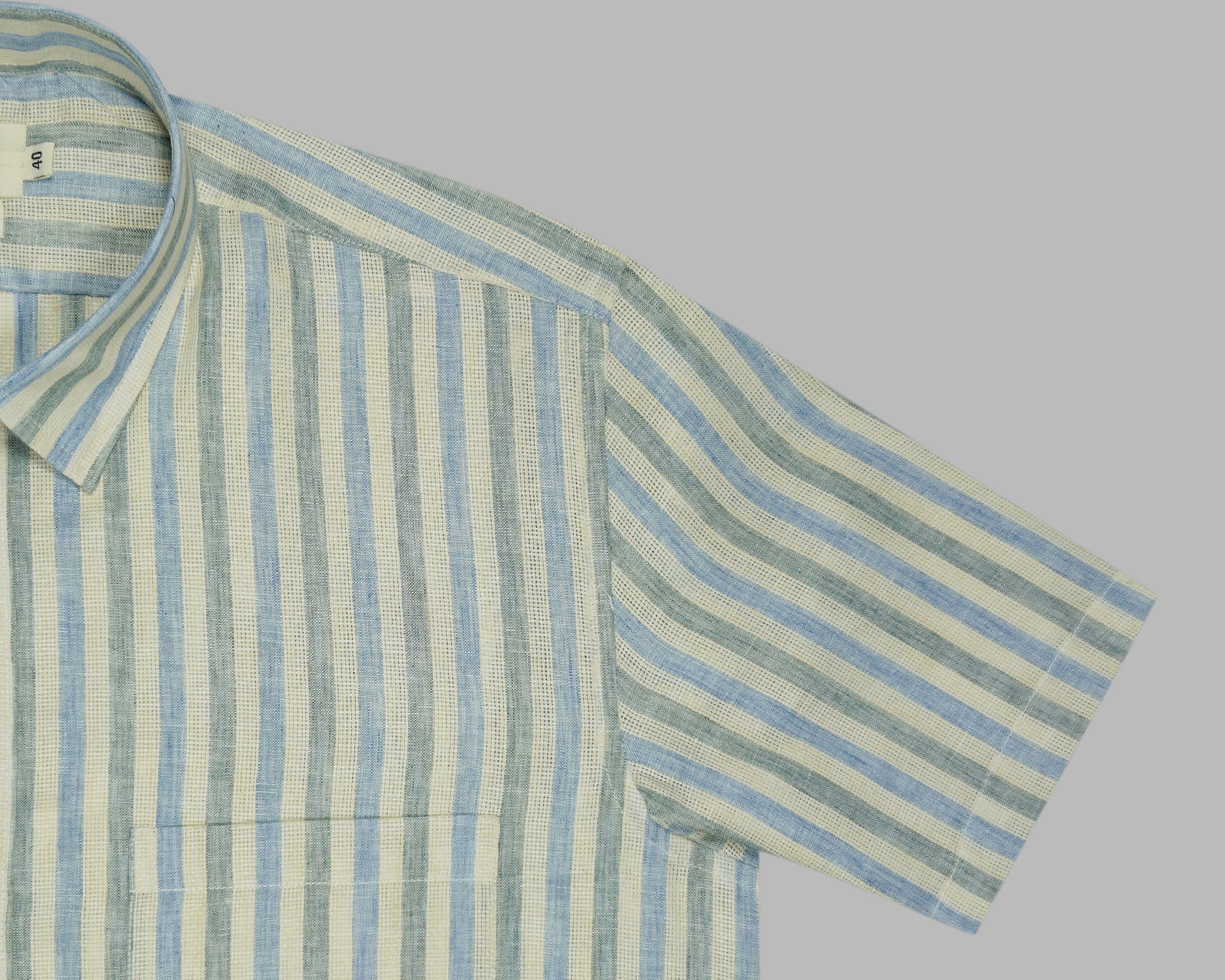 Men's Cotton Linen Striped Half Sleeves Shirt (Blue)
