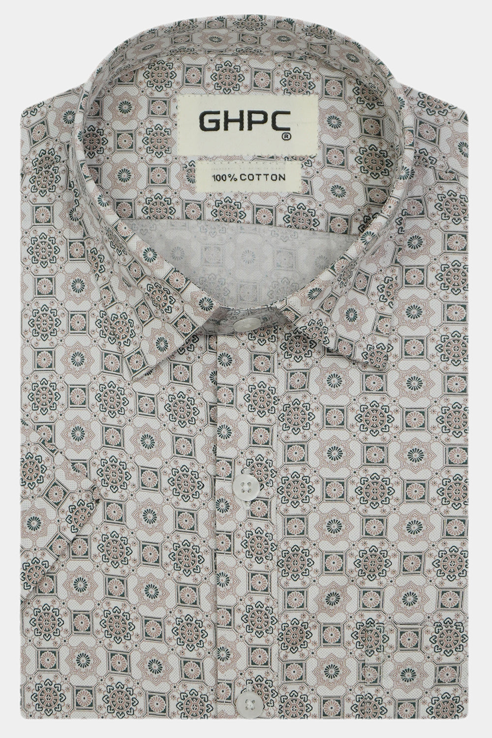 Men's 100% Cotton Geometric Printed Half Sleeves Shirt (Brown)