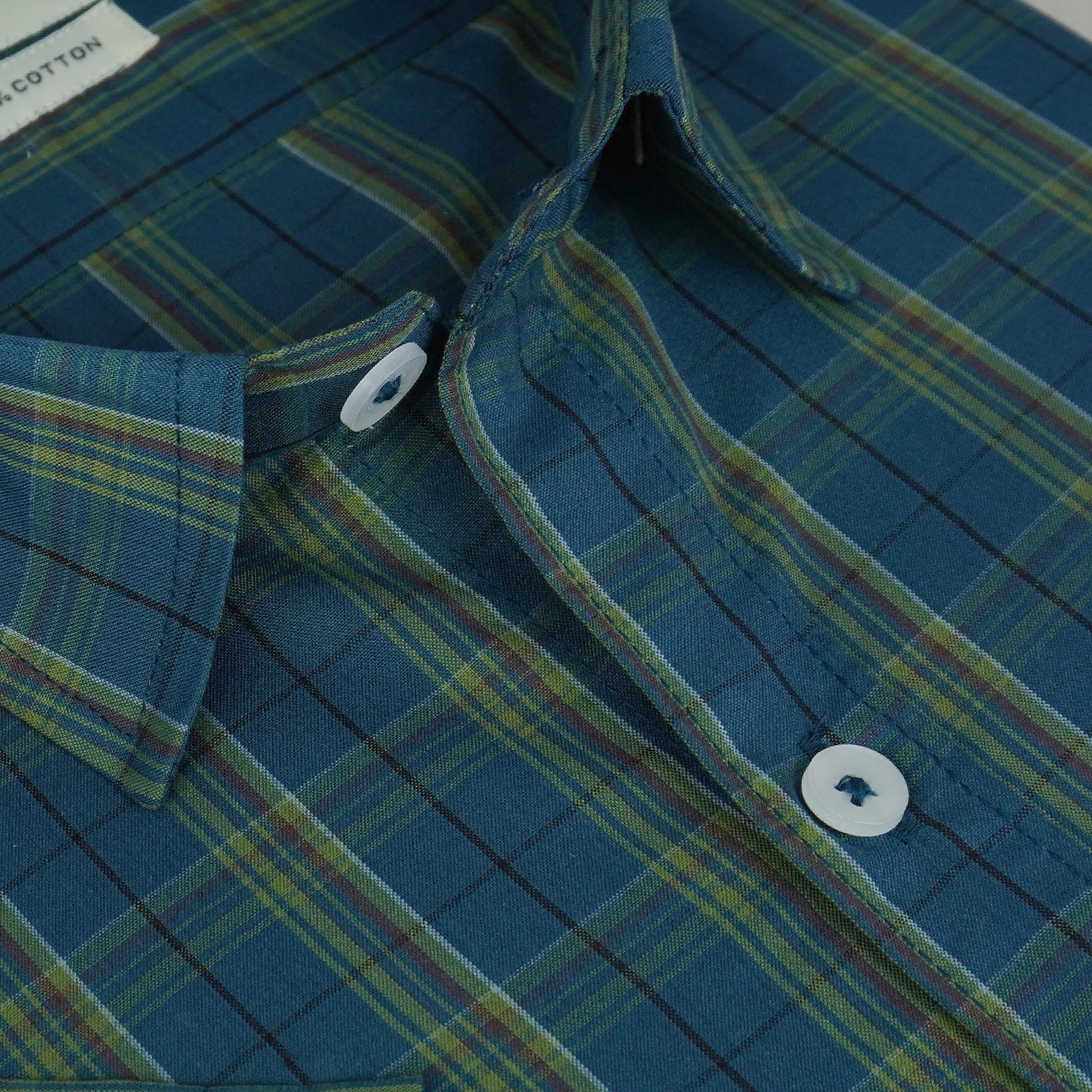 Men's 100% Cotton Checkered Half Sleeves Shirt (Teal)