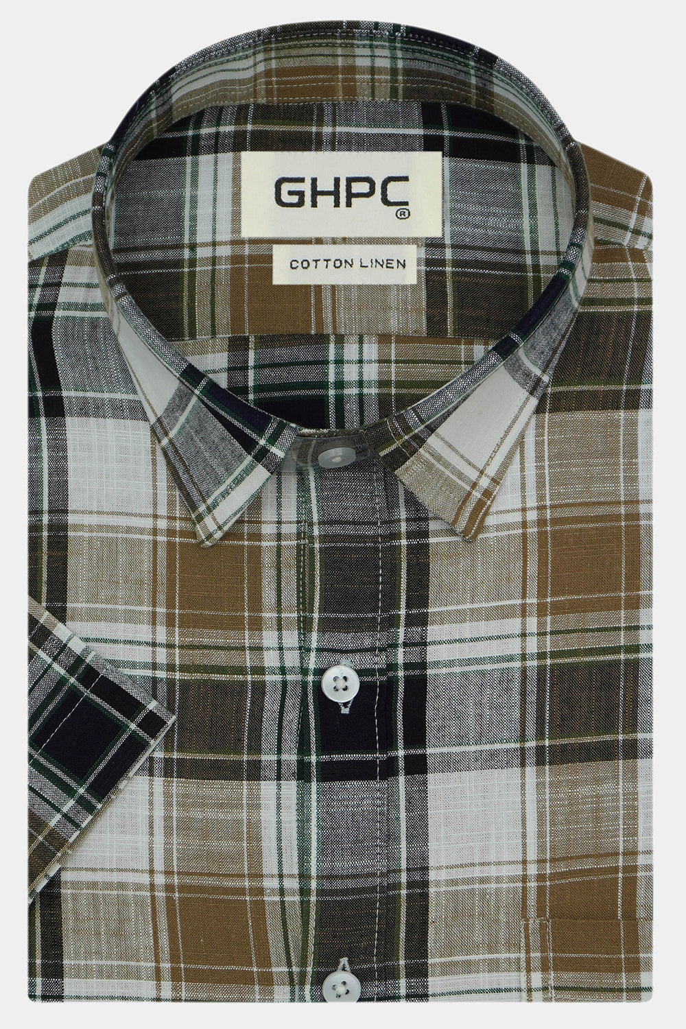 Men's Cotton Linen Checkered Half Sleeves Shirts (Khaki)