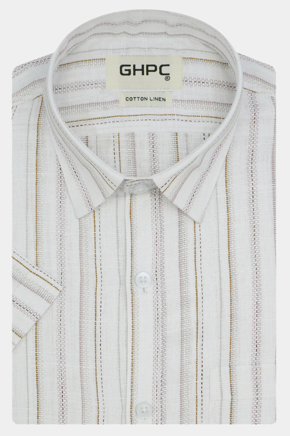 Men's Cotton Linen Striped Half Sleeves Shirts (Khaki)