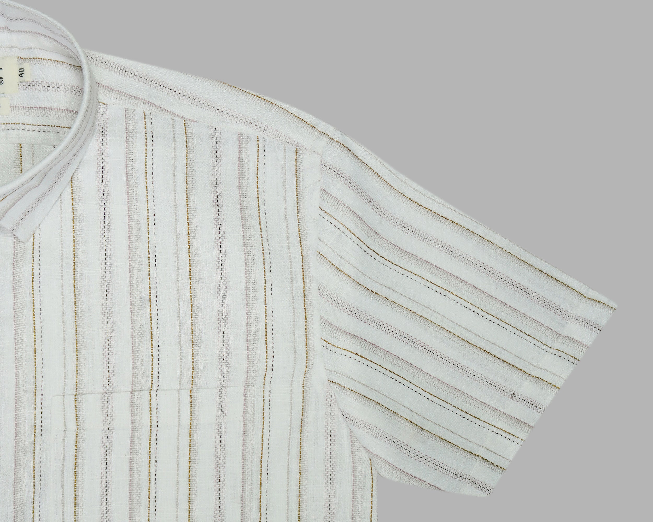 Men's Cotton Linen Striped Half Sleeves Shirts (Khaki)
