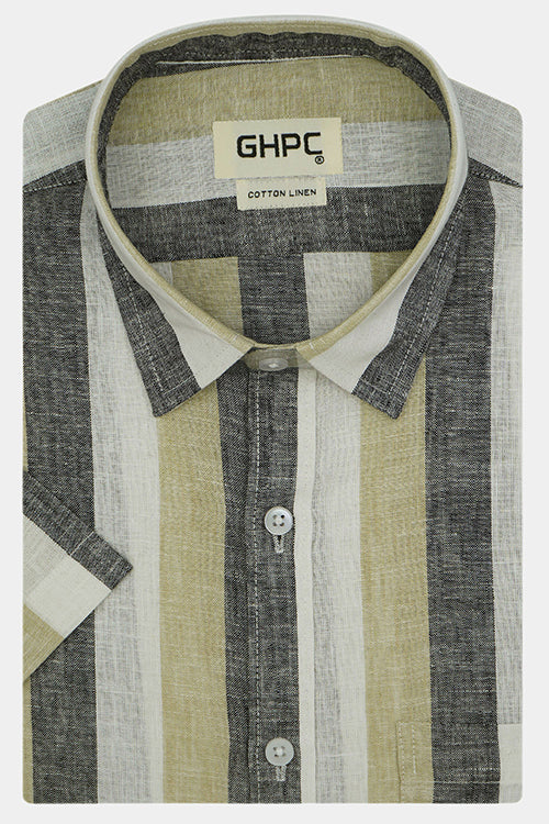 Men's Cotton Linen Blocked Striped Half Sleeves Shirt (Yellow) FSH700810_1
