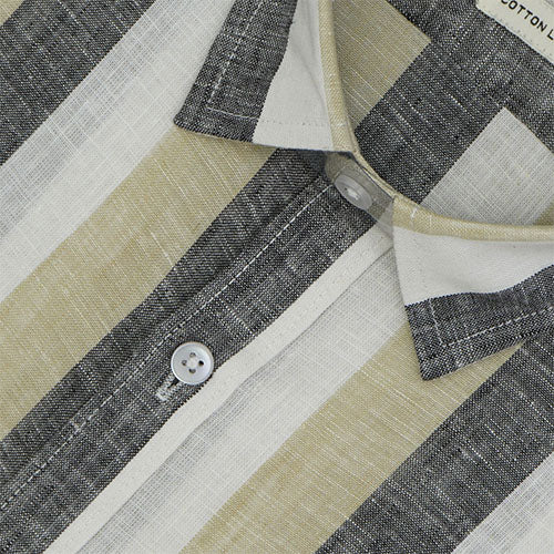 Men's Cotton Linen Blocked Striped Half Sleeves Shirt (Yellow) FSH700810_3