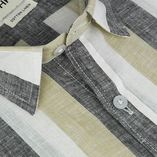 Men's Cotton Linen Blocked Striped Half Sleeves Shirt (Yellow) FSH700810_4