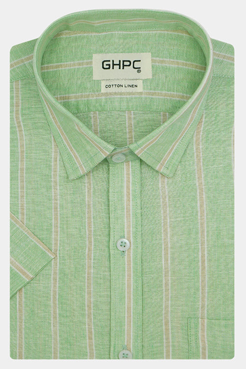 Men's Cotton Linen Balance Striped Half Sleeves Shirt (Pistachio Green) FSH700916_1