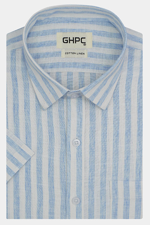 Men's Cotton Linen Awning Striped Half Sleeves Shirt (Blue) FSH701247_1