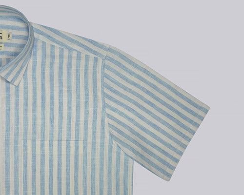 Men's Cotton Linen Awning Striped Half Sleeves Shirt (Blue) FSH701247_5