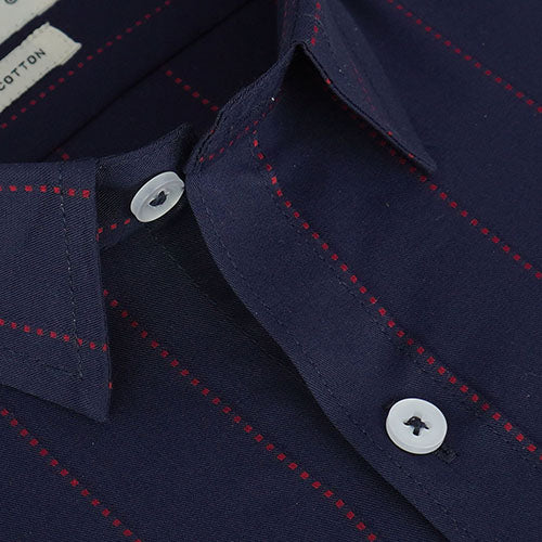 Men's 100% Cotton Chalk Striped Half Sleeves Shirt (Navy) FSH800203_4