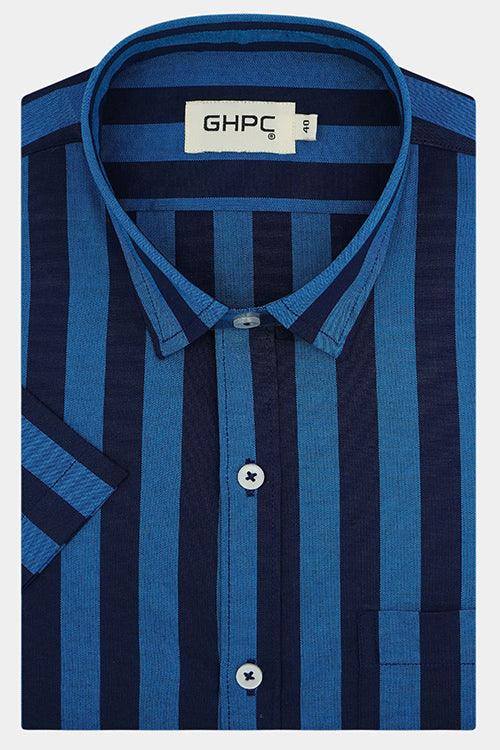 Men's 100% Cotton Awning Striped Half Sleeves Shirt (Blue)