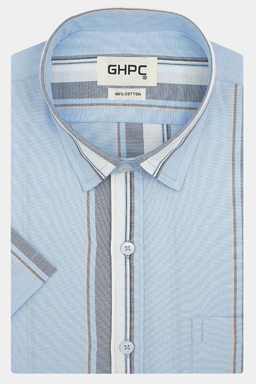 Men's 100% Cotton Balance Striped Half Sleeves Shirt (Blue)