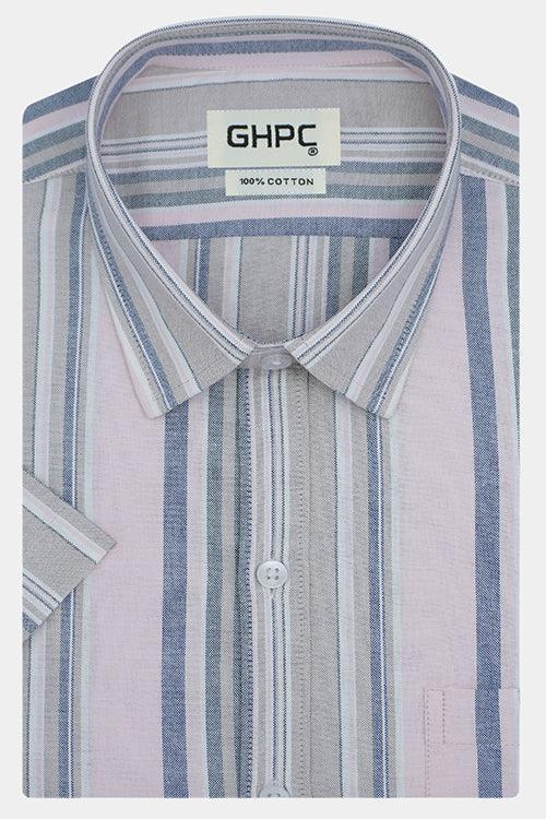 Men's 100% Cotton Balance Striped Half Sleeves Shirt (Pink)