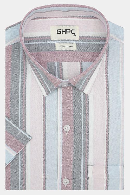 Men's 100% Cotton Balance Striped Half Sleeves Shirt (Pink)