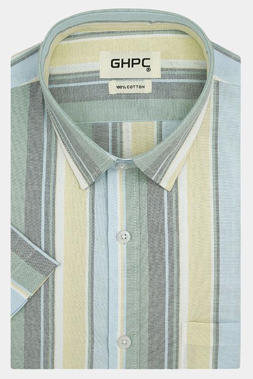 Men's 100% Cotton Balance Striped Half Sleeves Shirt (Yellow)