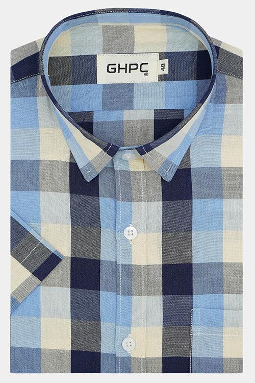 Men's 100% Cotton Big Buffalo Checkered Half Sleeves Shirt (Blue)