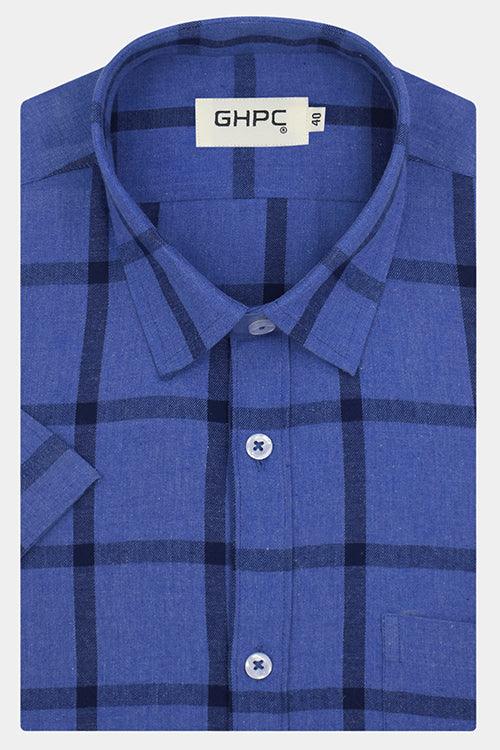Men's 100% Cotton Big Buffalo Checkered Half Sleeves Shirt (Blue)