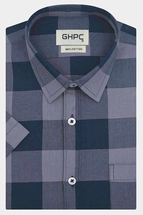 Men's 100% Cotton Big / Buffalo Checkered Half Sleeves Shirt (Steel Grey)