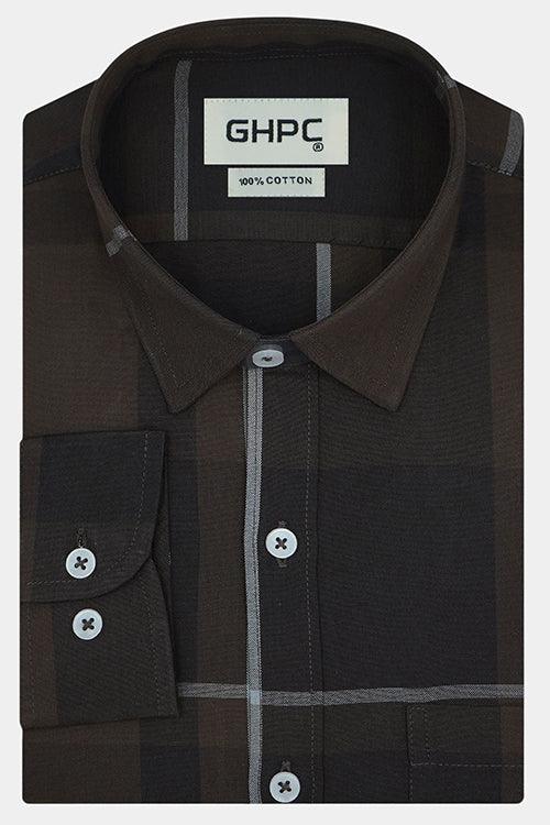 Men's 100% Cotton Big Checkered Full Sleeves Shirt (Brown)