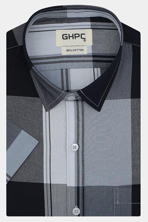 Men's 100% Cotton Big Checkered Half Sleeves Shirt (Misty Blue)