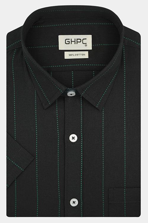 Men's 100% Cotton Chalk Striped Half Sleeves Shirt (Black)
