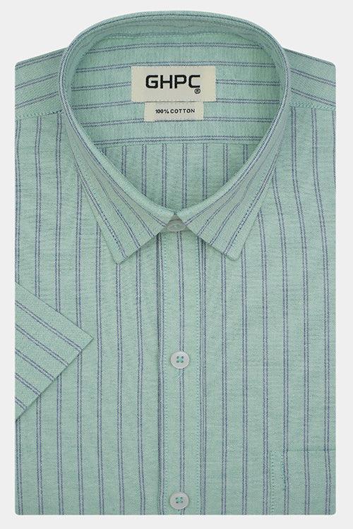 Men's 100% Cotton Chalk Striped Half Sleeves Shirt (Pista Green)