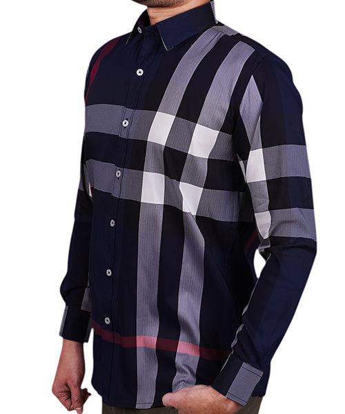 Men's 100% Cotton Checkered Full Sleeves Shirt (Navy)