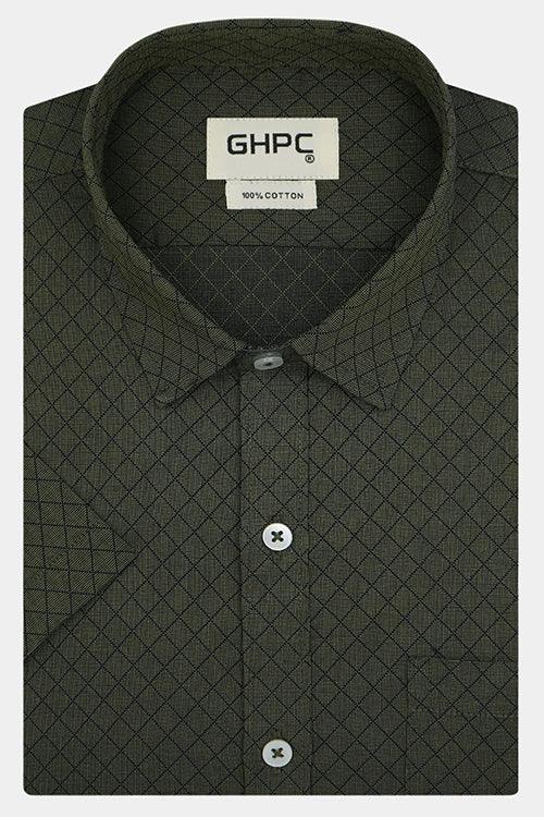 Men's 100% Cotton Chevron Half Sleeves Shirt (Olive Green)