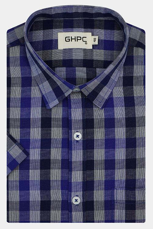 Men's 100% Cotton Gingham Checkered Half Sleeves Shirt (Blue)