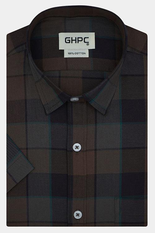Men's 100% Cotton Graph Checkered Half Sleeves Shirt (Brown)