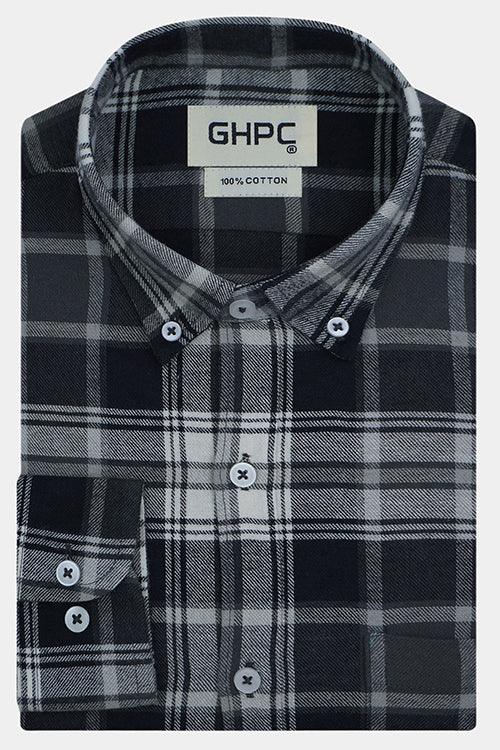 Men's 100% Cotton Grid Tattersall Checkered Full Sleeves Shirt (Grey)
