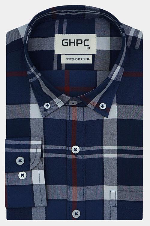 Men's 100% Cotton Grid Tattersall Checkered Full Sleeves Shirt (Navy)