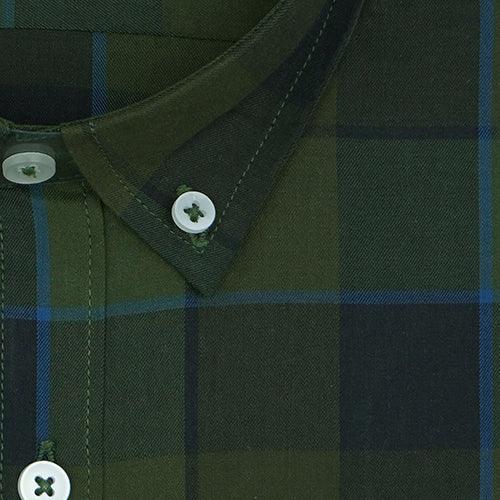 Men's 100% Cotton Grid Tattersall Checkered Full Sleeves Shirt (Olive Green)