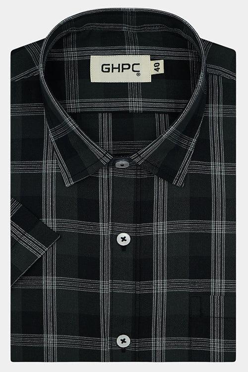 Men's 100% Cotton Grid Tattersall Checkered Half Sleeves Shirt (Black)