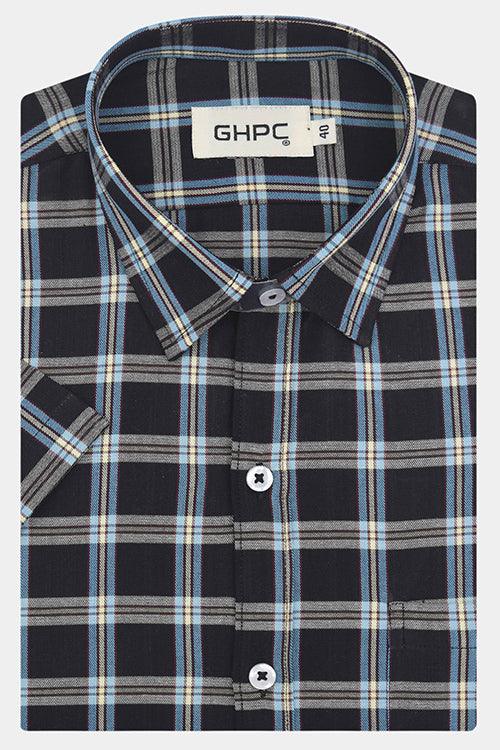 Men's 100% Cotton Grid Tattersall Checkered Half Sleeves Shirt (Black)