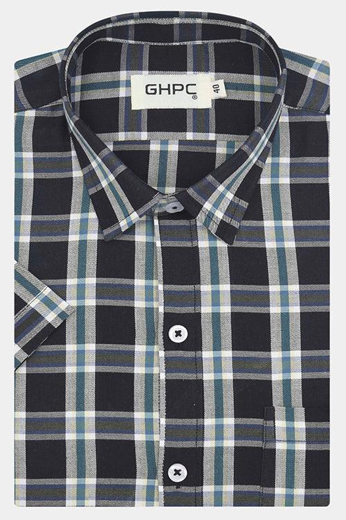 Men's 100% Cotton Grid Tattersall Checkered Half Sleeves Shirt (Black)