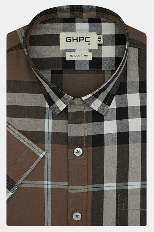 Men's 100% Cotton Grid Tattersall Checkered Half Sleeves Shirt (Brown)