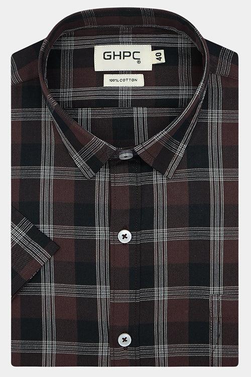 Men's 100% Cotton Grid Tattersall Checkered Half Sleeves Shirt (Brown)