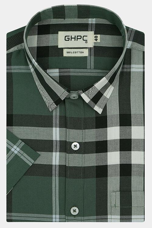Men's 100% Cotton Grid Tattersall Checkered Half Sleeves Shirt (Green)