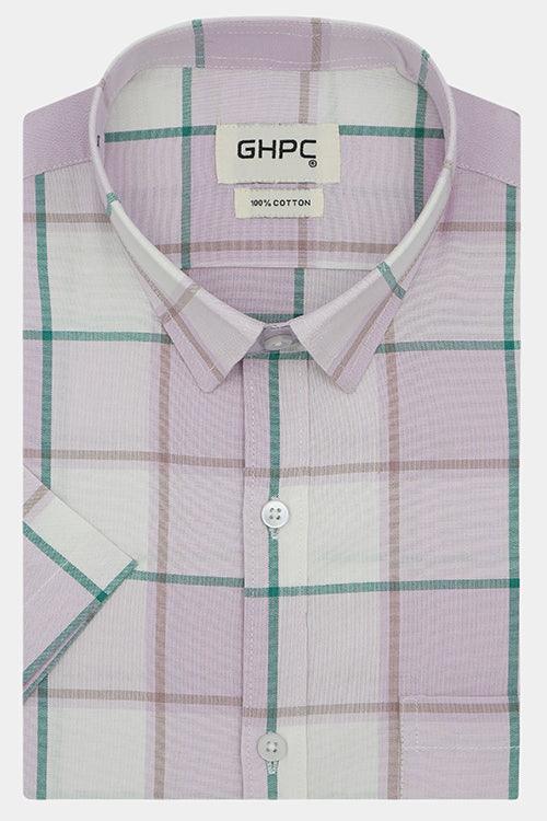 Men's 100% Cotton Grid Tattersall Checkered Half Sleeves Shirt (Pink)