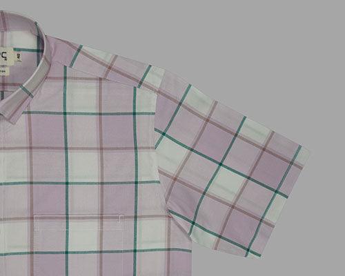 Men's 100% Cotton Grid Tattersall Checkered Half Sleeves Shirt (Pink)