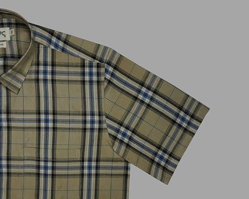 Men's 100% Cotton Grid Tattersall Checks Half Sleeves Shirt (Khaki)