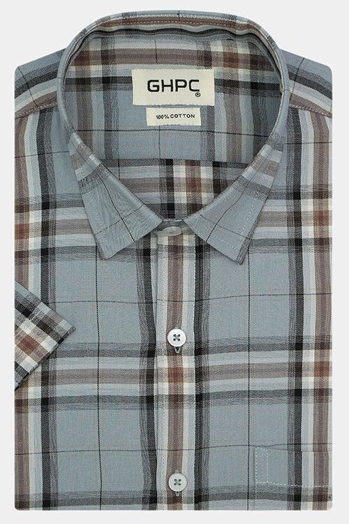 Men's 100% Cotton Grid Tattersall Checks Half Sleeves Shirt (Misty Blue)