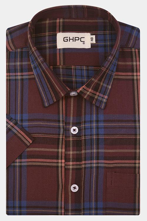 Men's 100% Cotton Madras Checkered Half Sleeves Shirt (Burgundy)